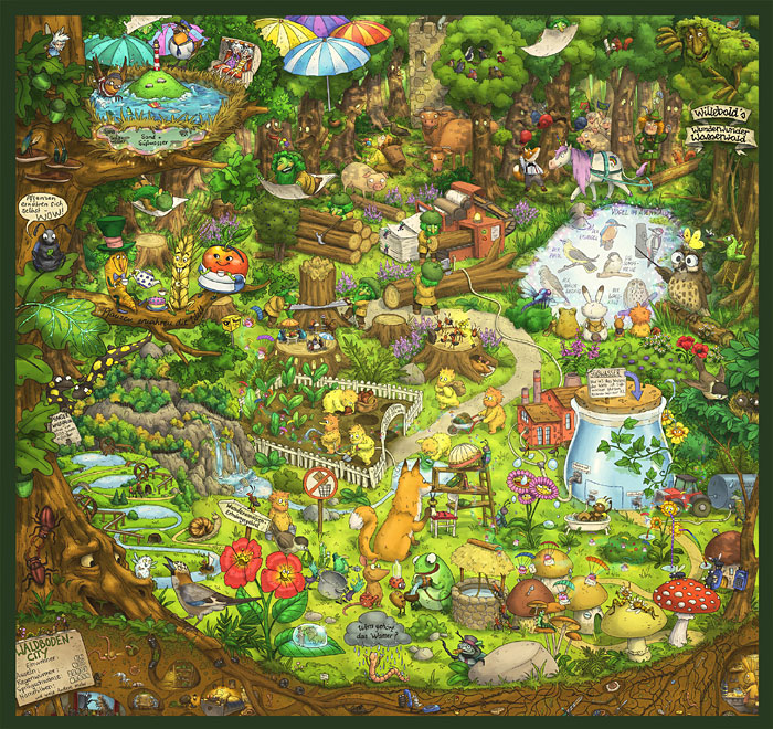 Wimmelbild im Wald mit einer Menge Tieren und Pflanzen