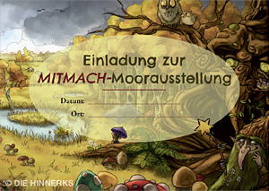 Landschaftsbild mit Text in einem Oval: Einladung zur Mitmach-Moorausstellung